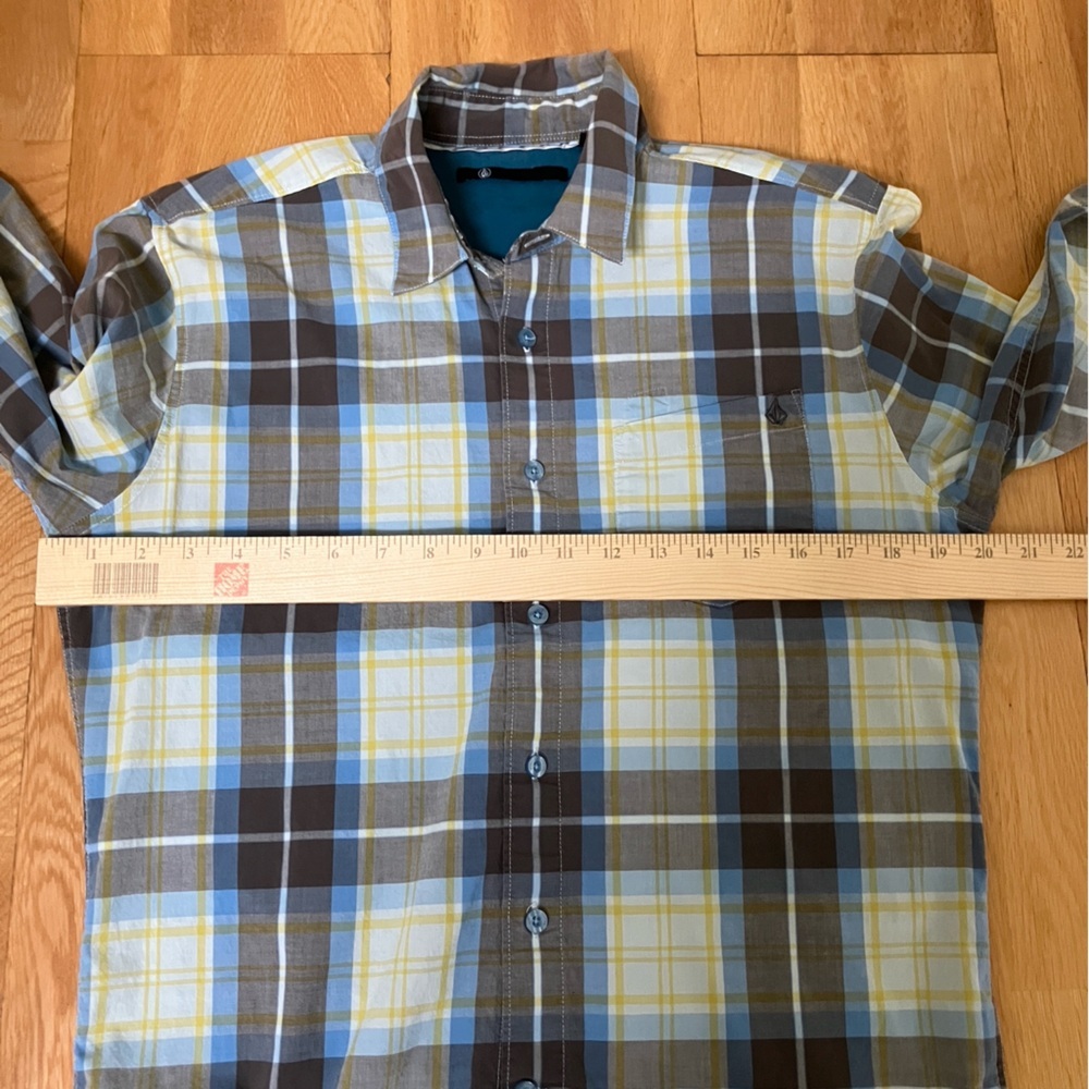 Volcom Men's Long Sleeve Button Down Plaid Shirt - Blue, Yellow, Brown and White - Picture 8 of 10
